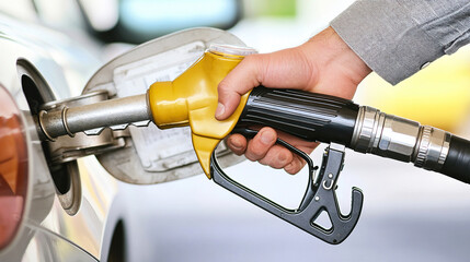 man hand holding a gas pump nozzle and filling up a car at the station is using a fuel benzin