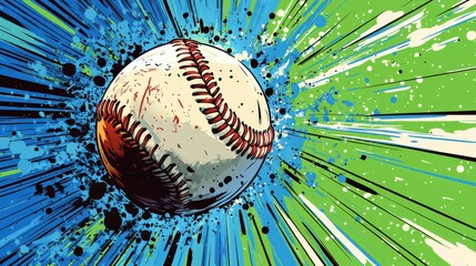 Dynamic comic-style baseball illustration with explosive action background in blue and green splash of color