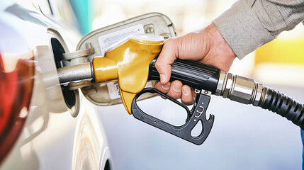 man hand holding a gas pump nozzle and filling up a car at the station is using a fuel benzin