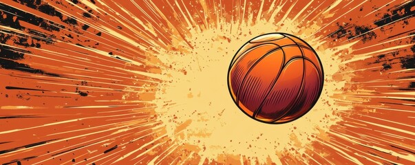 Dynamic comic-style basketball background with vibrant orange explosion effect and a central basketball, perfect for sports and basketball-related designs.