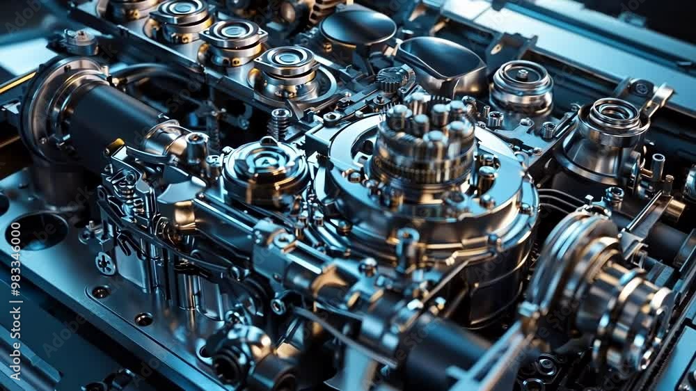 Poster shiny new engine with rotating gears and pumping pistons showcases precision and innovation in indus