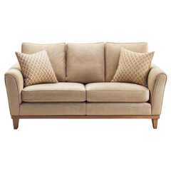 A cozy beige couch with decorative pillows, featuring a textured fabric and a natural wood base, perfect for modern living spaces.