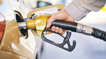 man hand holding a gas pump nozzle and filling up a car at the station is using a fuel benzin