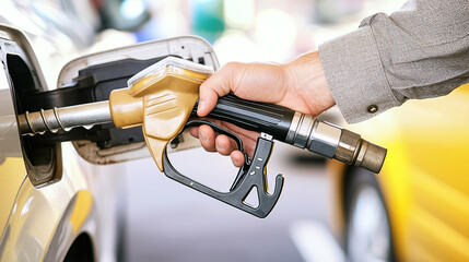man hand holding a gas pump nozzle and filling up a car at the station is using a fuel benzin
