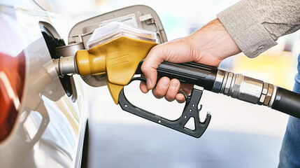 man hand holding a gas pump nozzle and filling up a car at the station is using a fuel benzin