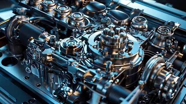 Shiny new engine with rotating gears and pumping pistons showcases precision and innovation in industrial engineering