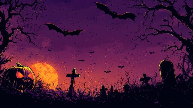 Comic-style Halloween background with flying bats over a spooky graveyard, featuring a glowing pumpkin under a crescent moon