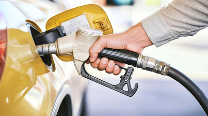 man hand holding a gas pump nozzle and filling up a car at the station is using a fuel benzin