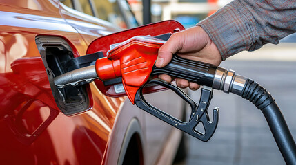 man hand holding a gas pump nozzle and filling up a car at the station is using a fuel benzin