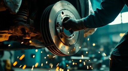 Close-up of mechanic working with car brake disc in auto repair shop, creating sparks. Industrial, mechanical maintenance, workshop.