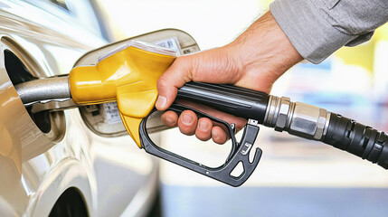 man hand holding a gas pump nozzle and filling up a car at the station is using a fuel benzin