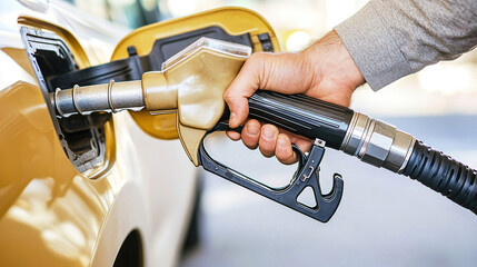 man hand holding a gas pump nozzle and filling up a car at the station is using a fuel benzin