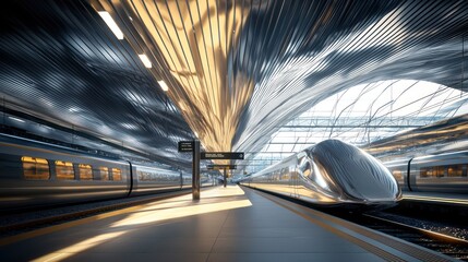 A futuristic train station with an undulating roof made from polished aluminum siding, reflecting the trains as they come and go, enhancing the sense of motion
