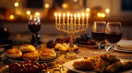 Obraz premium Festive Table Setting with Menorah, Wine, and Fried Doughnuts