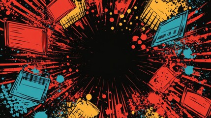 Explosive comic book-style Black Friday backdrop with dynamic splashes of red, yellow, and blue colors creating an energetic and vibrant shopping theme