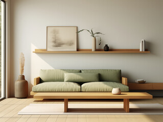 Japandi rustic minimalist, wabi sabi style simple interior living room with sage couch against neutral wall with shelves and decor