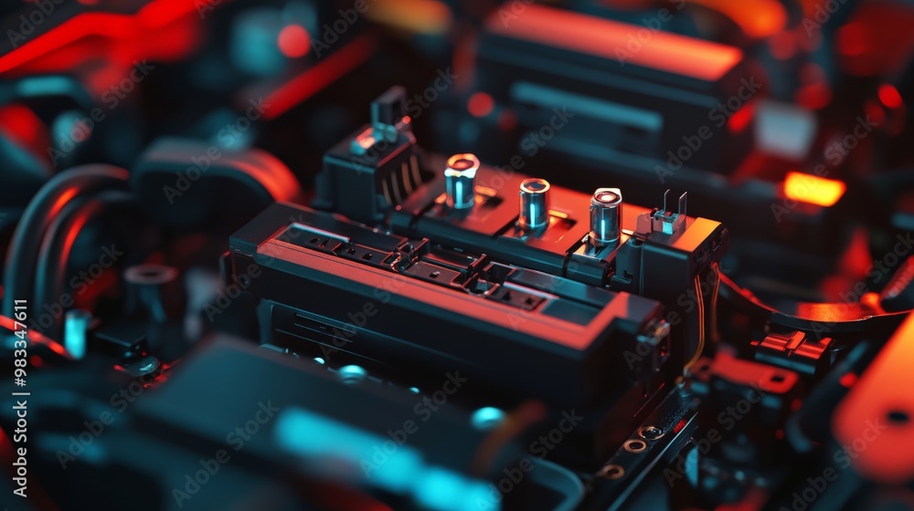 Poster close-up view of a complex circuit board with electronic components, illuminated by red and blue lig