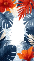 Blue and Orange Tropical Leaf Frame with White Background