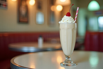 Creamy vanilla milkshake with cherry and whipped cream in retro diner setting