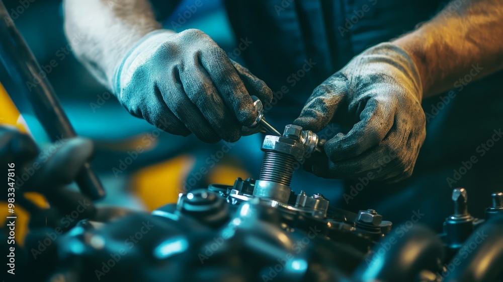 Poster close-up view of a mechanic's hands working on an engine, highlighting the precision and technical s