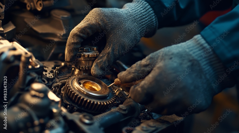 Poster close-up view of a mechanic's hands working on a car engine, focusing on repairing a gear with preci