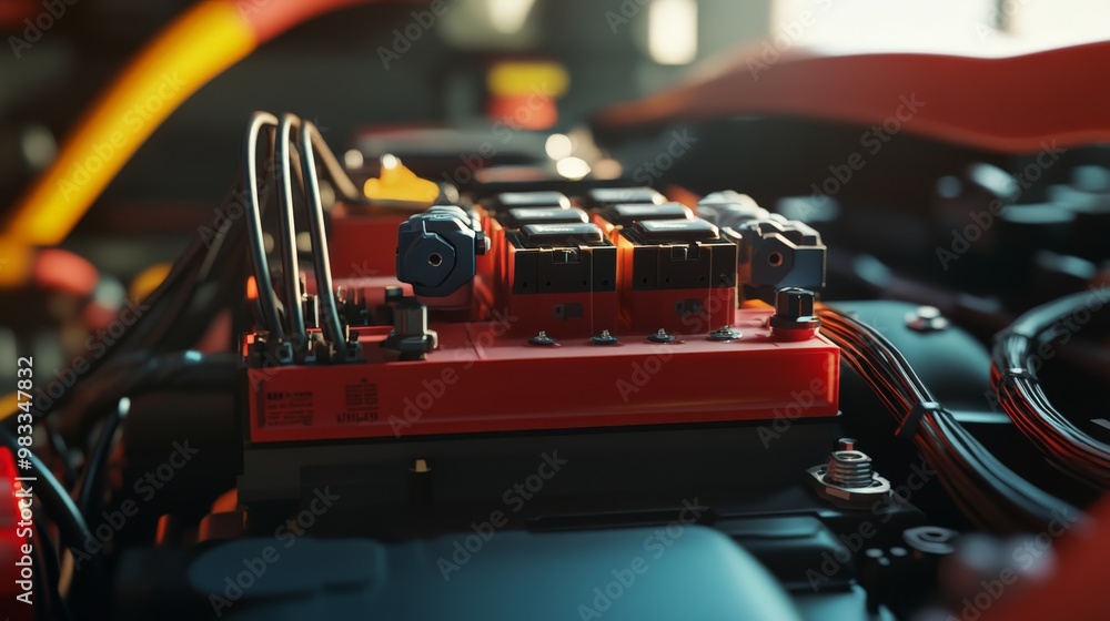 Poster close-up view of a modern car engine, showcasing detailed mechanical components and engineering intr