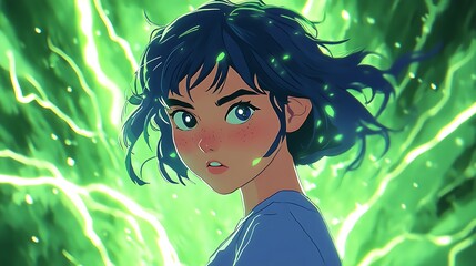 Anime Girl with Blue Hair Surrounded by Green Energy
