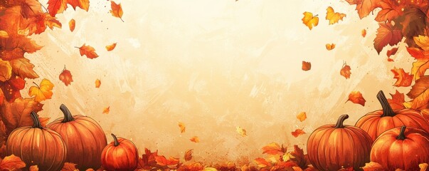 Festive autumn background with pumpkins and falling leaves in a comic-style illustration