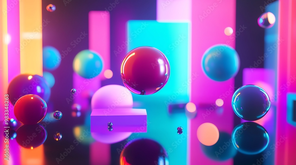 Poster abstract 3d render of colorful spheres and geometric shapes.