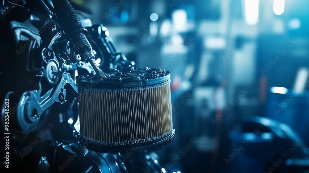 Poster close-up view of an automotive engine with a focus on the air filter. high-quality engineering and m