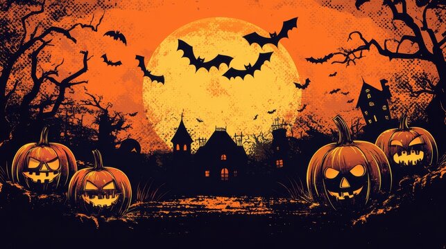 Halloween-themed comic book background with pumpkins, bats, haunted house, and moonlit night for spooky autumn atmosphere