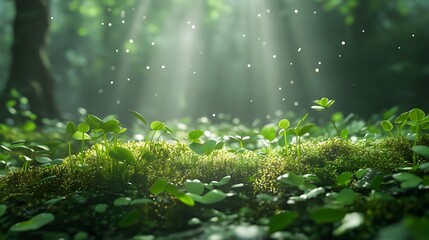 Enchanted forest with bright sunlight streaming through trees