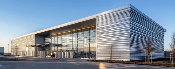 A high-tech recycling center with a facade of aluminum siding, designed with smart technology that automatically sorts and processes recyclable materials as they are deposited