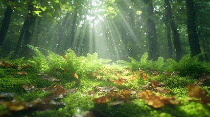 Obraz premium Enchanted forest bathed in sunlight streaming through trees