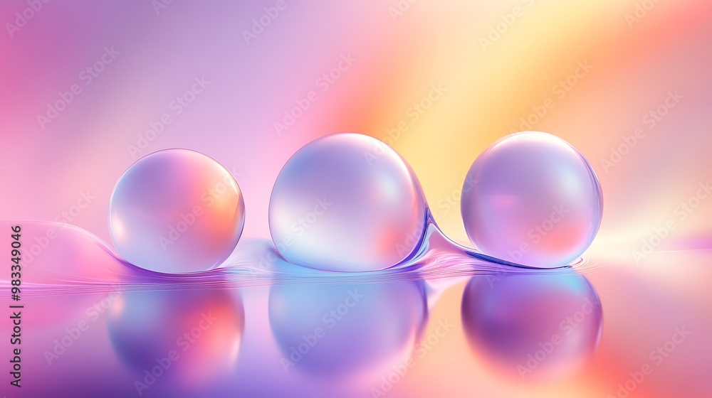 Aufkleber three iridescent orbs rest on a pastel-colored surface, creating a dreamy and abstract scene.