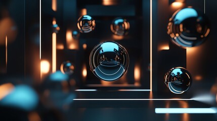 Fototapeta premium Abstract 3D render of reflective orbs with glowing lights.