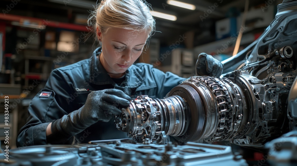 Poster female mechanic fixing complex machinery in a workshop, displaying skill and precision in engineerin