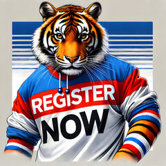 A dynamic and detailed image of a tiger wearing a T-shirt with the text 'REGISTER NOW' printed on it. The tiger is standing confidently. – election – vote – slogan – USA – US – president - America
