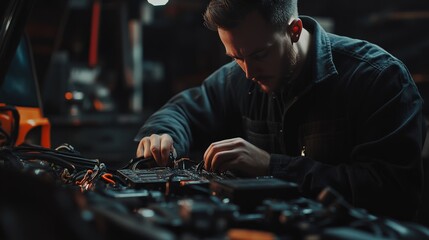 Focused mechanic working on a car engine in a dimly lit garage, performing repairs and maintenance with precision and expertise.