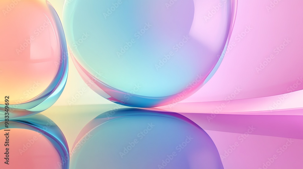 Poster abstract colorful spheres with reflections on a soft background.