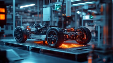 Fototapeta premium High-tech automobile chassis on an assembly line in a futuristic factory setting with glowing lights.