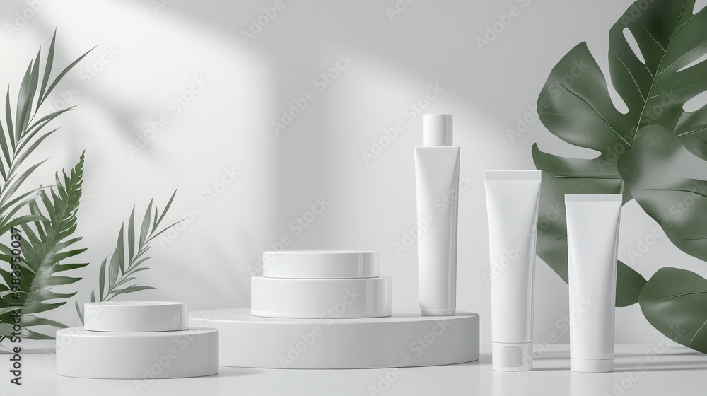Poster minimalist display of skincare products with greenery on a white background in a serene setting