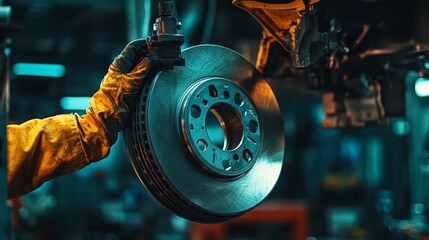 Industrial worker wearing gloves, assembling a disc brake in a manufacturing facility, highlighting precision engineering and automotive technology.