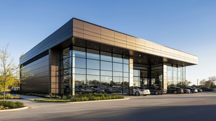 Fototapeta premium A luxury car dealership with a facade of sleek, metallic fiber cement siding, reflecting the sophistication and quality of the vehicles inside