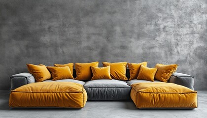Modern and Minimalist, a Gray Corner Sofa With Yellow Pillows Enhances a Sophisticated Living Room
