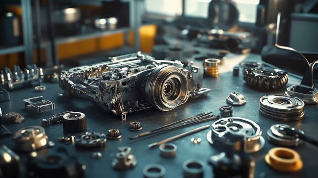 Intricately detailed camera disassembly on a workbench, highlighting various components, tools, and intricate mechanical parts.