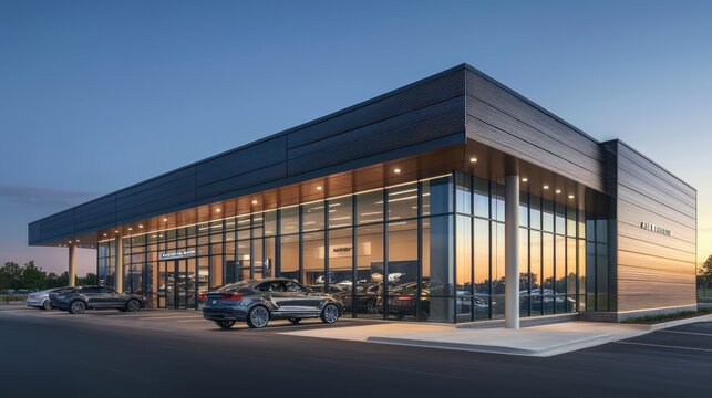 A luxury car dealership with a facade of sleek, metallic fiber cement siding, reflecting the sophistication and quality of the vehicles inside