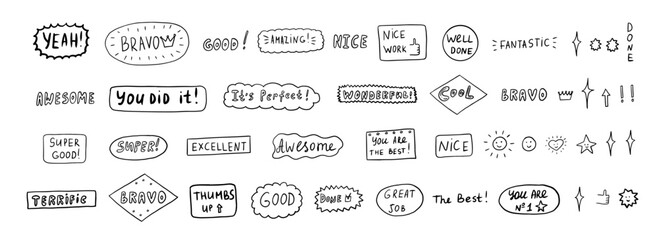 Large set of job and great job stickers. School reward, encouragement stamp. Studet icon. Elements of sport, business and school. First place, victory, achievment, award, winner. Doodle style