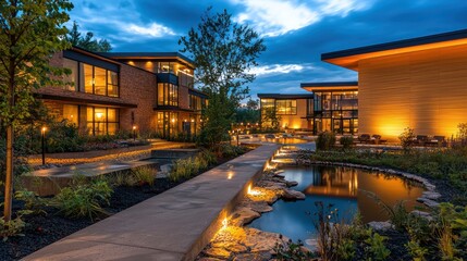 Fototapeta premium A luxury spa complex with exterior walls crafted from soothing, earth-tone fiber cement siding, enhancing the tranquil, naturalistic setting