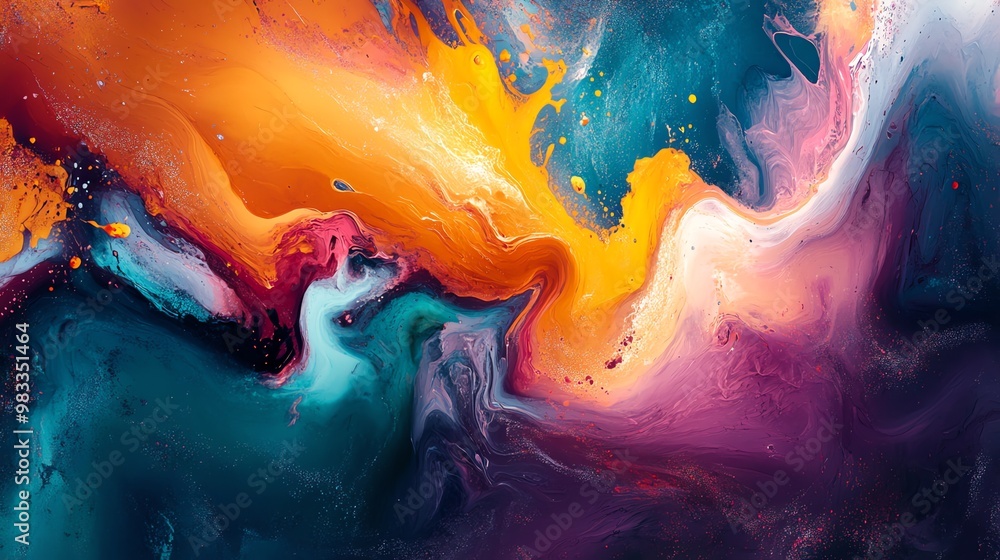 Poster abstract painting with vibrant colors, creating a swirling and dynamic composition.